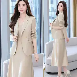 Mode Volle Hülse Blazer 2 Stück Set Frauen Elegantes Ärmellose Kleider Für Businesss Trainingsanzug Damen Kleid Anzug Für Arbeit Anzüge