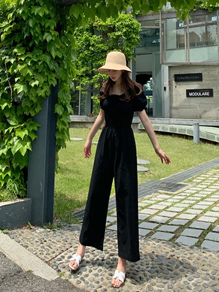 

Летний новый комбинезон с высокой талией и эластичным поясом, женские широкие брюки, тонкий модный цельный костюм из полиэстера для повседневной носки