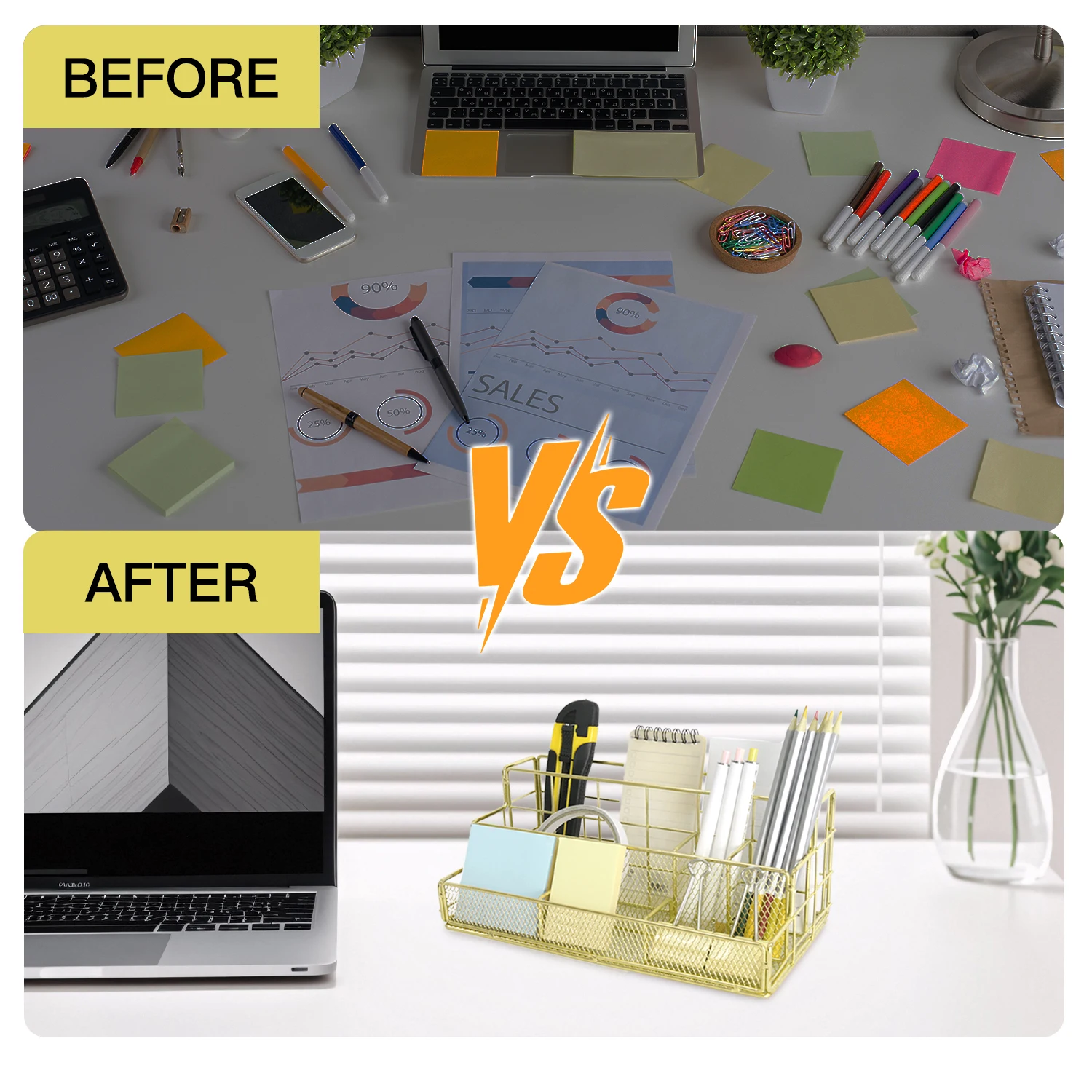 منظم مكتب معدني مع فواصل، رف تخزين قرطاسية المكتب، تصميم جيد التهوية للأقلام والمشابك واللوازم، متين وسهل الاستخدام