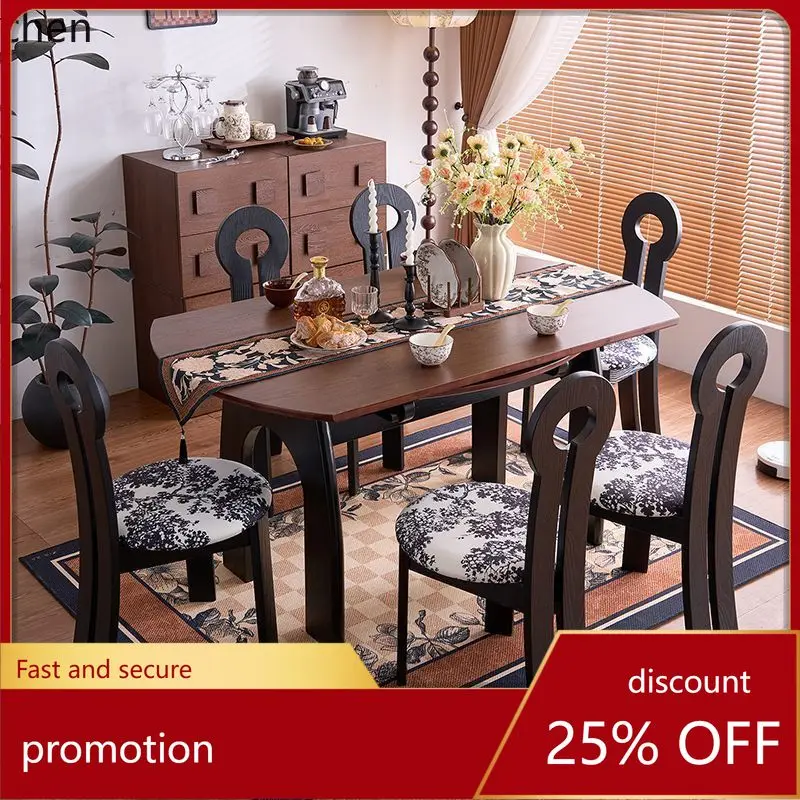 ZML Solid Wood Extendable Dining Table Round Table Home Use Convertible Round Small Apartment Retro Dining Table