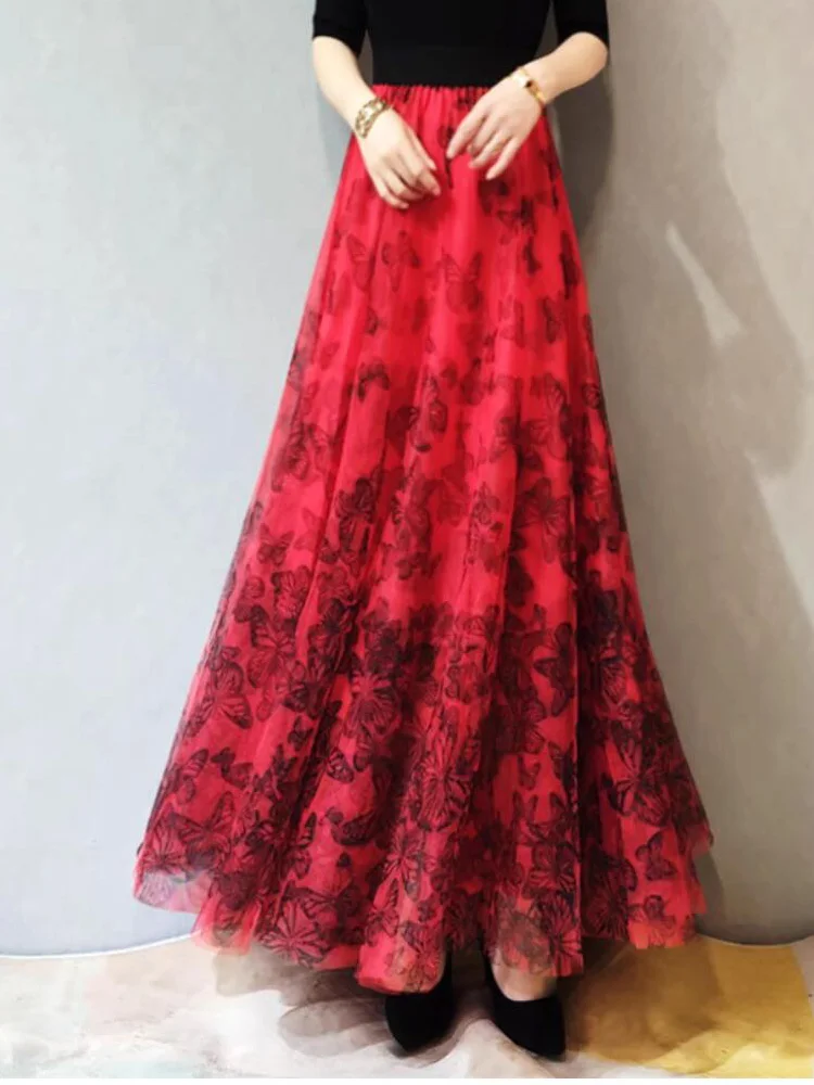 Spring Summer Elegant Red Floral Mesh Butterfly Pattern Flowy Skirts Women Maxi A-line Skirt 2023 Plus Size for Womens Skirts