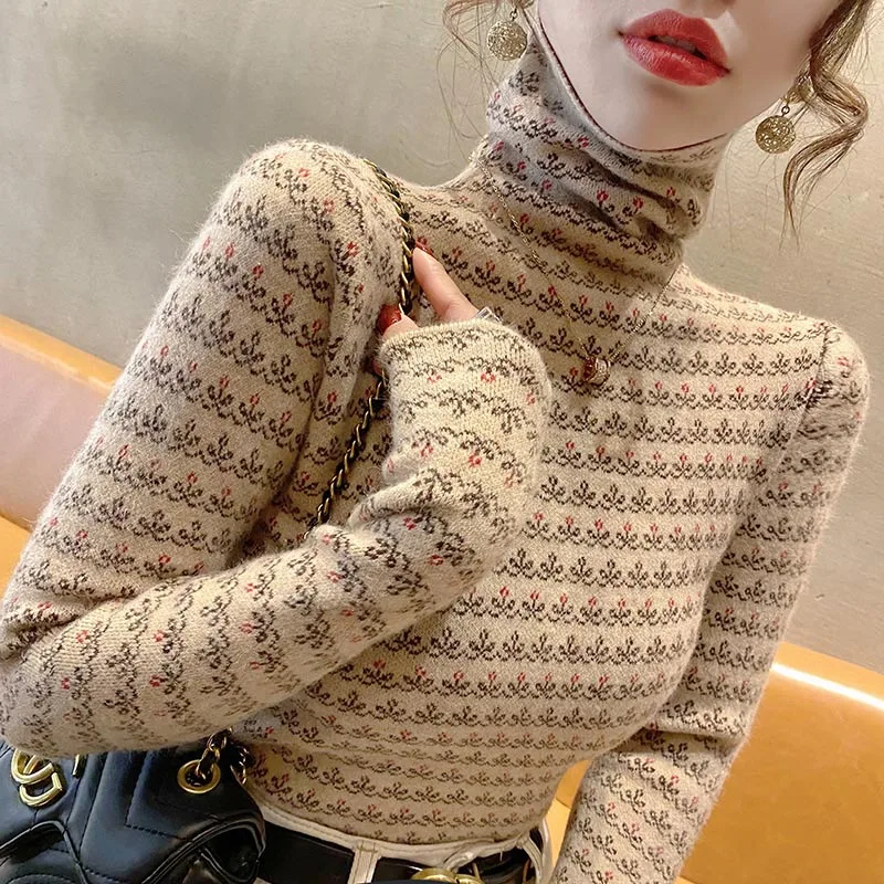 Women Clothes Y2k Knitted Jacquard Turtleneck Slim Sweaters Female Early Spring Fashion Chic Inside Soft Knitwear Tops