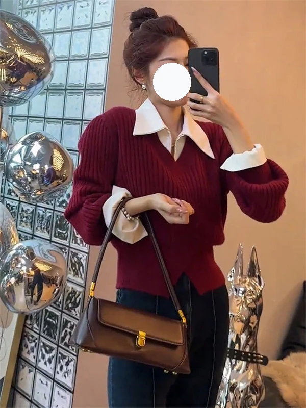 เสื้อสเวตเตอร์ถักไหมพรมสีพื้นแบบหลวมสไตล์เกาหลี คอวี แขนยาว แฟชั่นใหม่สำหรับผู้หญิง ฤดูใบไม้ร่วง 2025