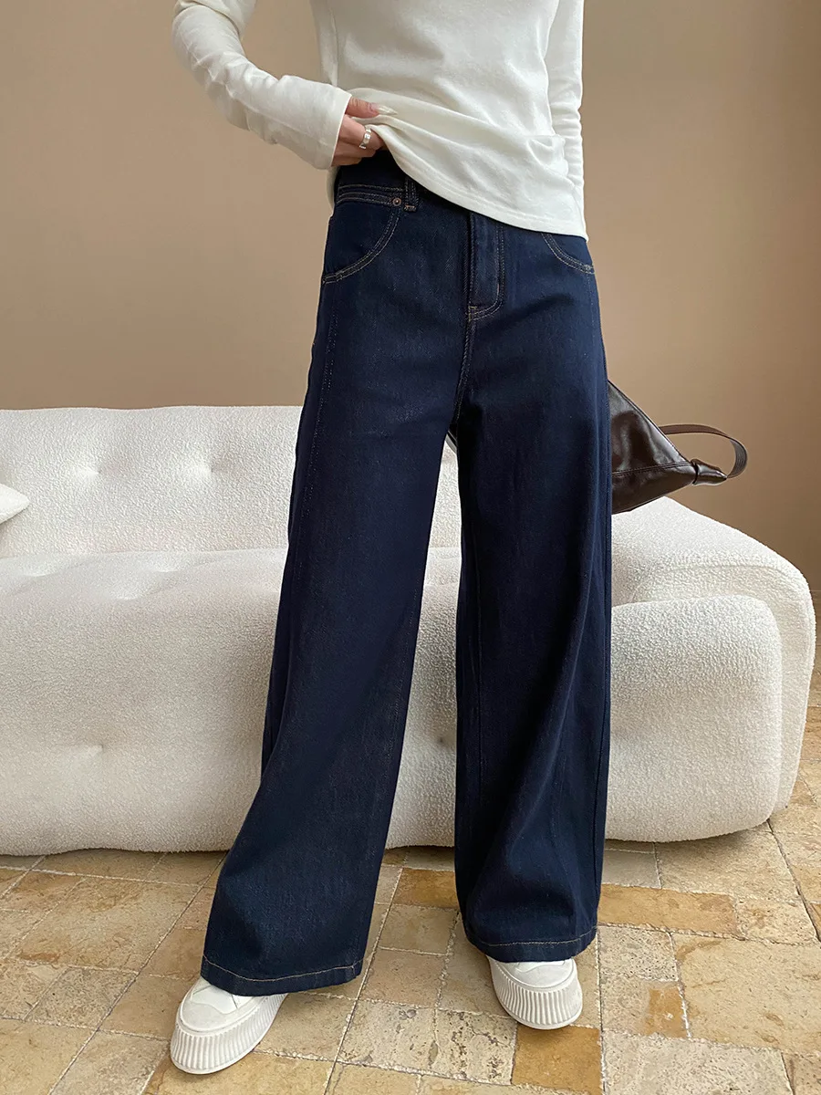 

Women's casual solid color retro hanging high waist slimming loose straight leg jeans with velvet and wide legs