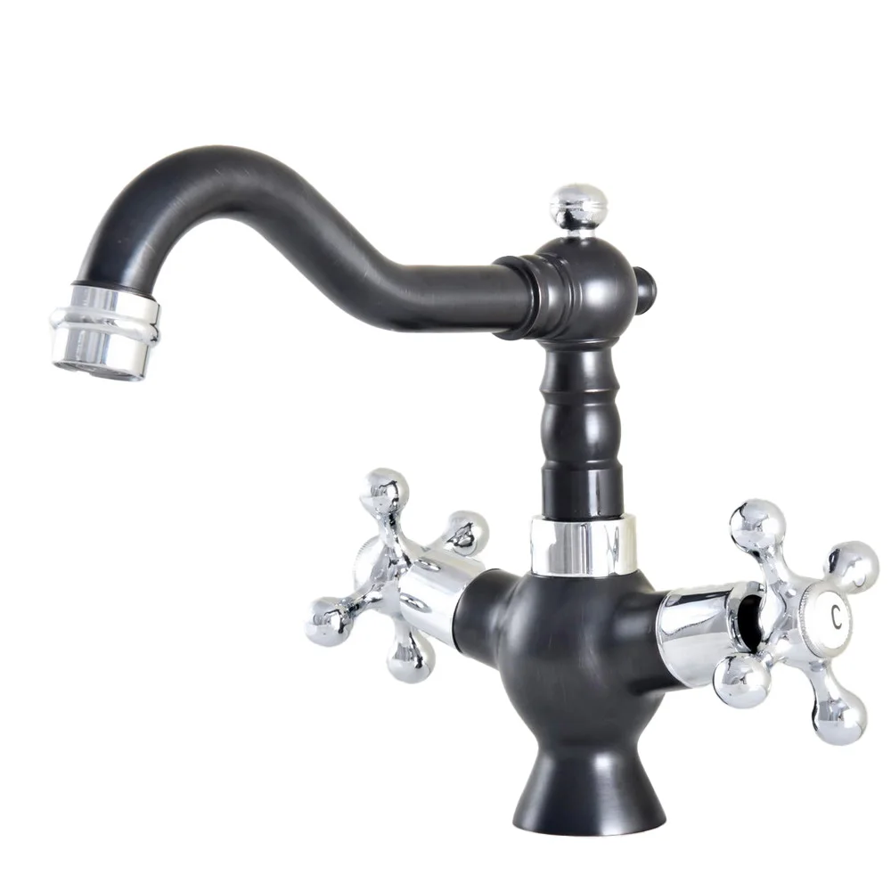 

Polished Chrome Brass & Black Dual Handle Bathroom Faucet Basin Mixer Tap Swivel Deck Mounted Sink Vanity Faucet