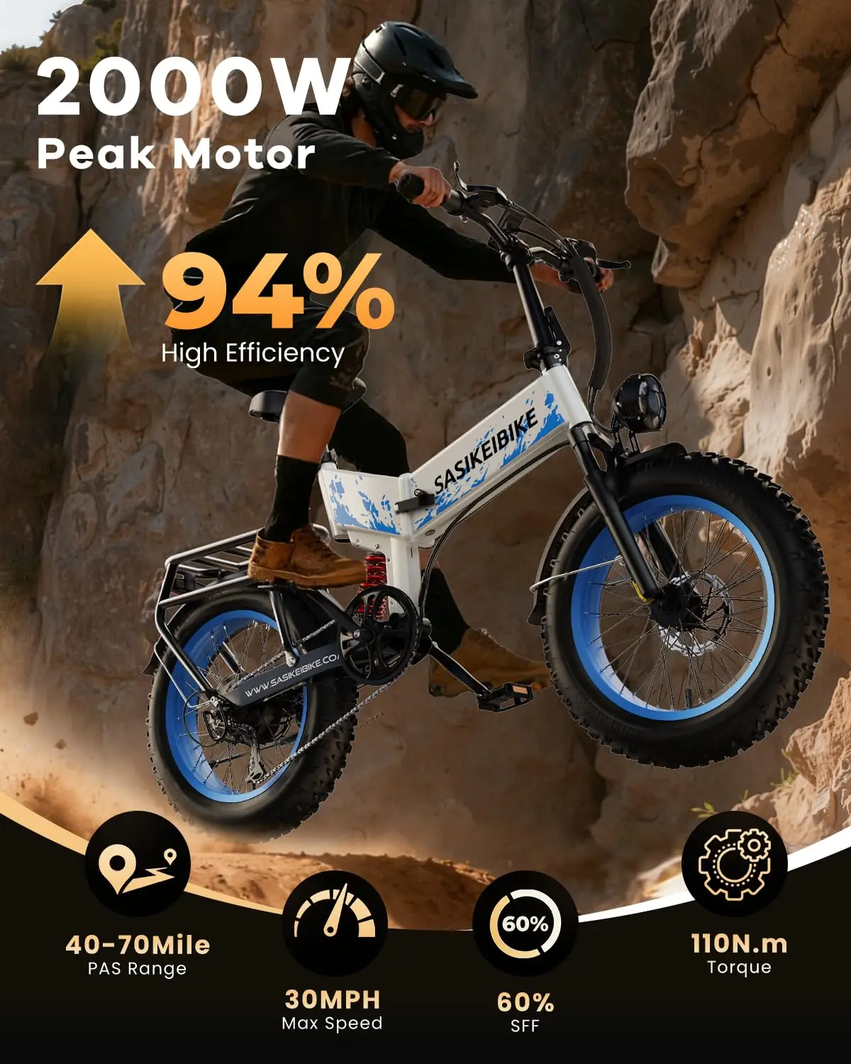 2000W Folding Electric Bike 52V20Ah Battery 20x4 Fat Tire Adult All Terrain, Customized