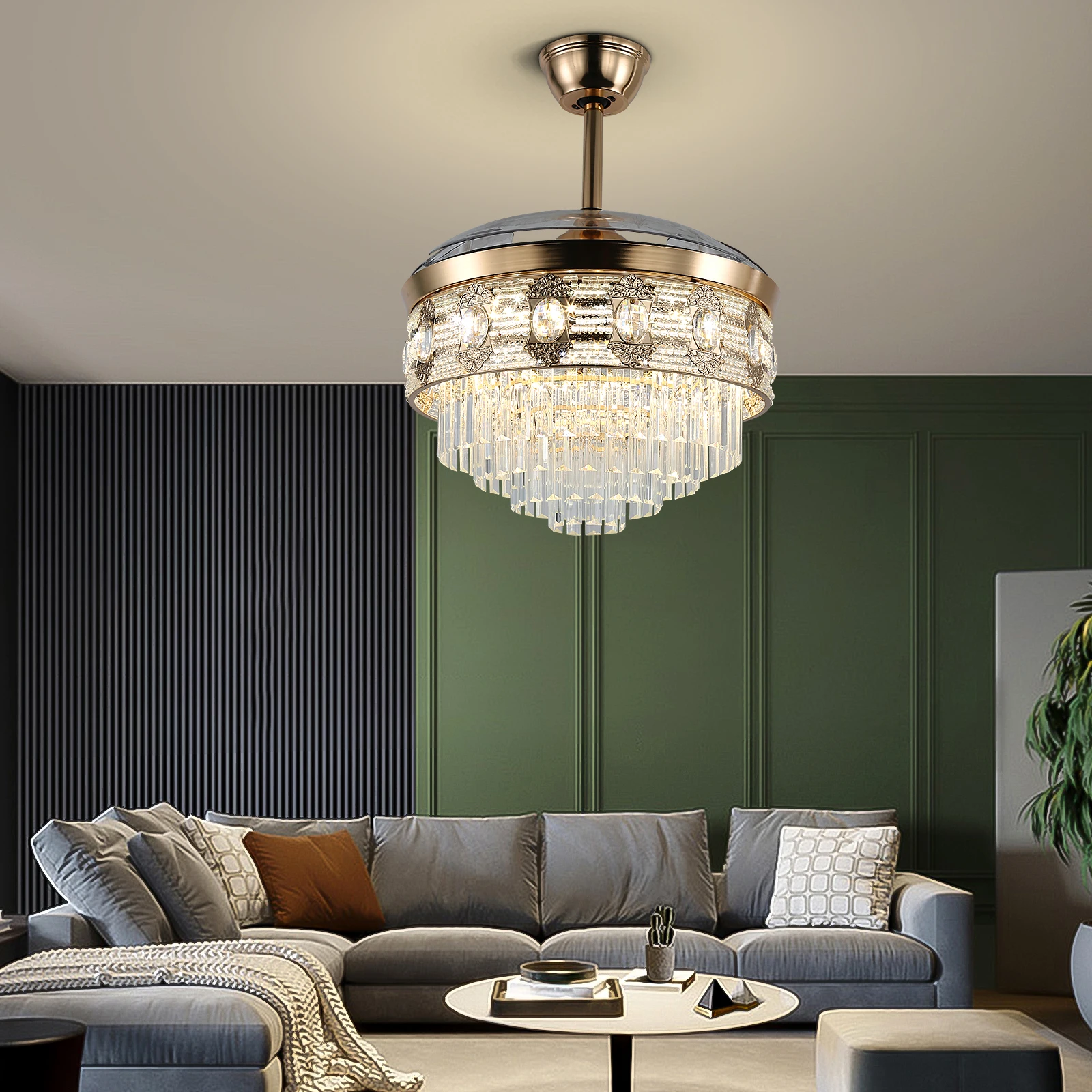 VETRULUS Modern Smart Ceiling Fan Chandelier Gold RC Adjustable 6 Speed Pendant Light Luminaire Bedroom 3 Heads Led Fandelier