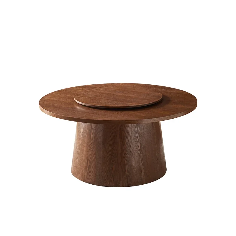 #Nordic Solid Wood Round Dining Table with Turntable and Rattan Chair Set for Home Use