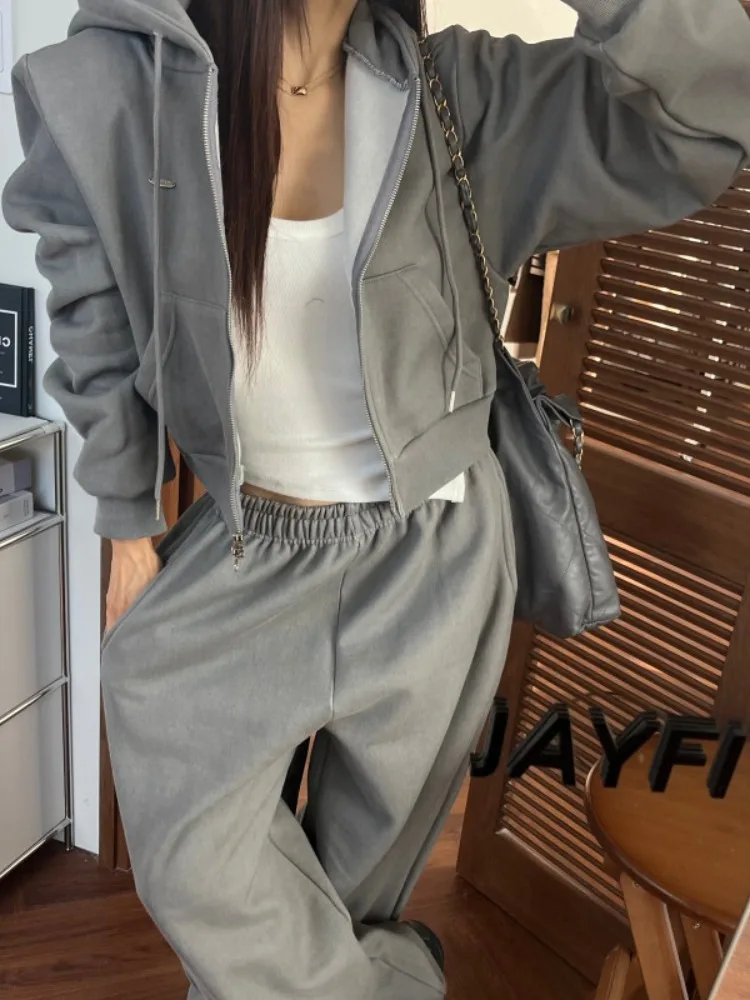 

Корейский женский зимний комплект с капюшоном на молнии с капюшоном и повседневными широкими брюками в Корейском стиле, стандартный крой