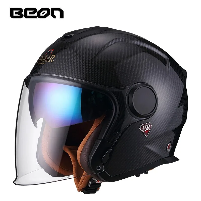 

BEON BR23 Open Face Carbon Fiber 3/4 Vintage Half Helmet Motorcycle Retro Double Lens Visor Helmet Moto Casco Capacete Casque