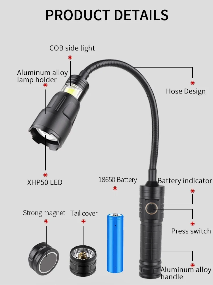 USB Rechargeable XHP50 LED Flashlight Flexible Pickup Tool Lamp with Magnet Zoomable Torch Multifunctional Foldable Flashlight