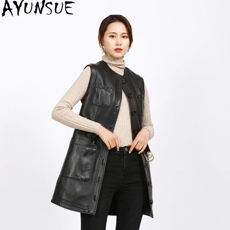AYUNSUE リアルレザーノースリーブジャケット女性本物のシープスキンベスト女性の服秋の新 Ouerwears Jaqueta Couro