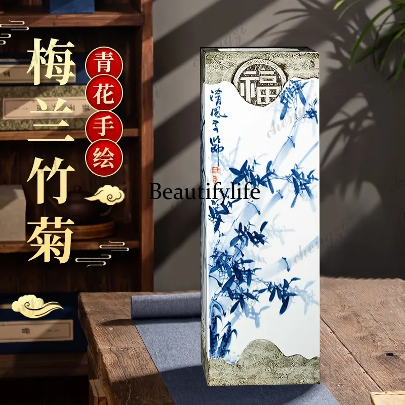 Jingdezhen ceramic high-end hand-painted vase Meilan bamboo chrysanthemum square vase living room