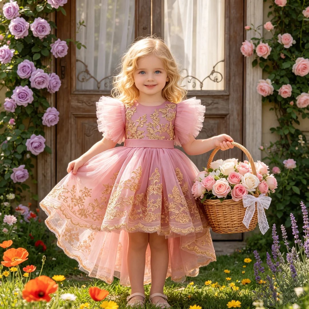 Rosa bauschiges Kleid für Mädchen, Hochzeitskleid für Blumenmädchen, Prinzessinnenkleid, formelles Kleid mit Schleppe, Kinderkleid mit Schleife, Abendkleid