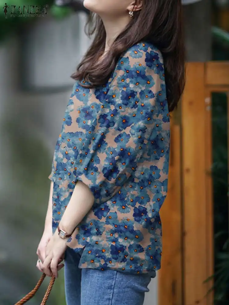 ZANZEA Women Bohemian Floral Printed Blouse Spring V Neck 3/4 Sleeve Shirt Vintage Party Holiday Blusas Casual Loose Tunic Tops