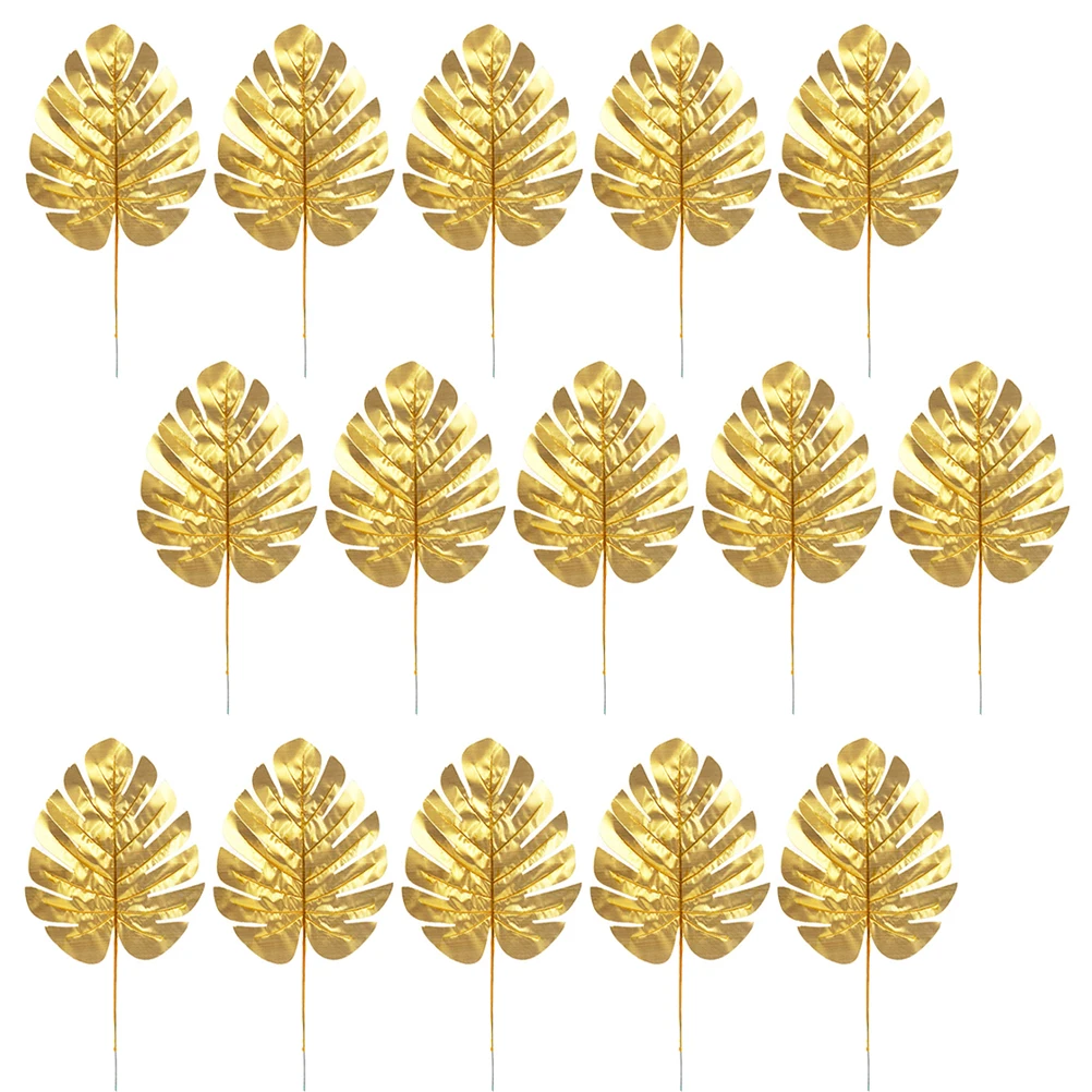 

15Pcs Golden Palm Leaves Artificial Monstera Leaf Simulation Leaves Wedding Decoration Tropical Party Scene Simulated Plant
