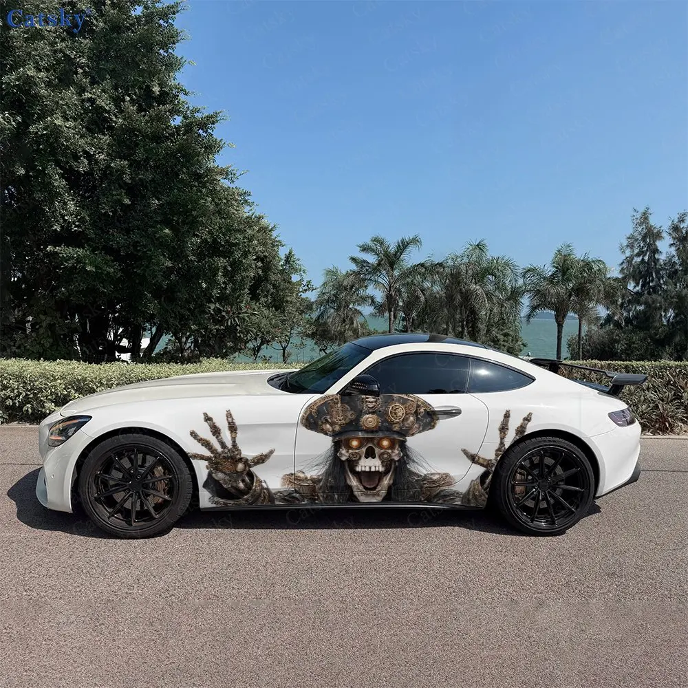2pcs Steampunk Gear Skeleton Captain Car Side Wrap, Self-Adhesive PVC Waterproof & Scratch-Resistant Sticker, Car Accessory Gift