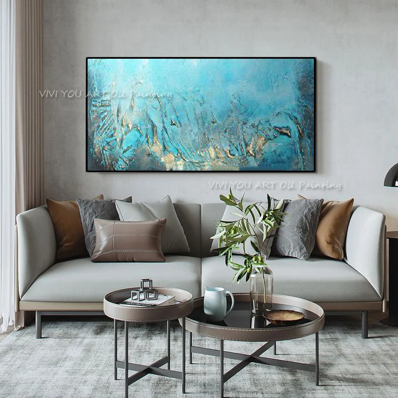 Hand Painted Abstract Oil Painting Living Room Modern Simple Abstract Blue Sea Thick Oil On Canvas Art Large Decorative Painting