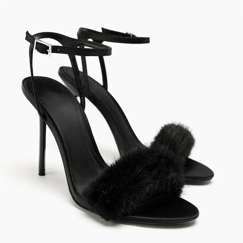 الفاخرة فو الفراء مصمم صنادل عالية الكعب المرأة مثير المفتوحة تو الكاحل حزام مشبك خنجر الكعوب أنيقة مأدبة فستان الأحذية #5