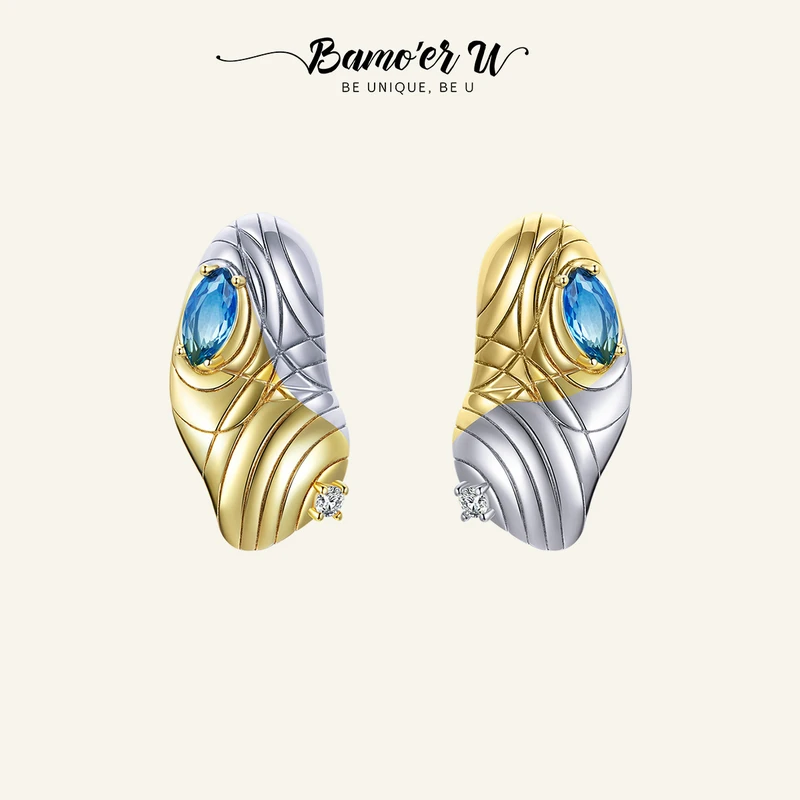 BAMOER U 925 Sterling Silver Blue Zirconium Stud Earrings Fine Jewelry Plated Gold Pattern Ear Studs for Women Wedding Gift