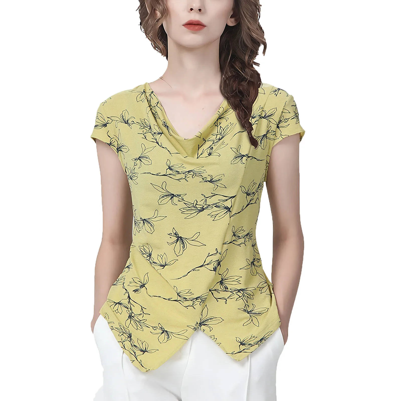 2022 Summer Women Yellow Thin Knitted Print Shirt Short Sleeve V-Neck Tops Chic Slim Female Retro Casual Working Tops And Blouse