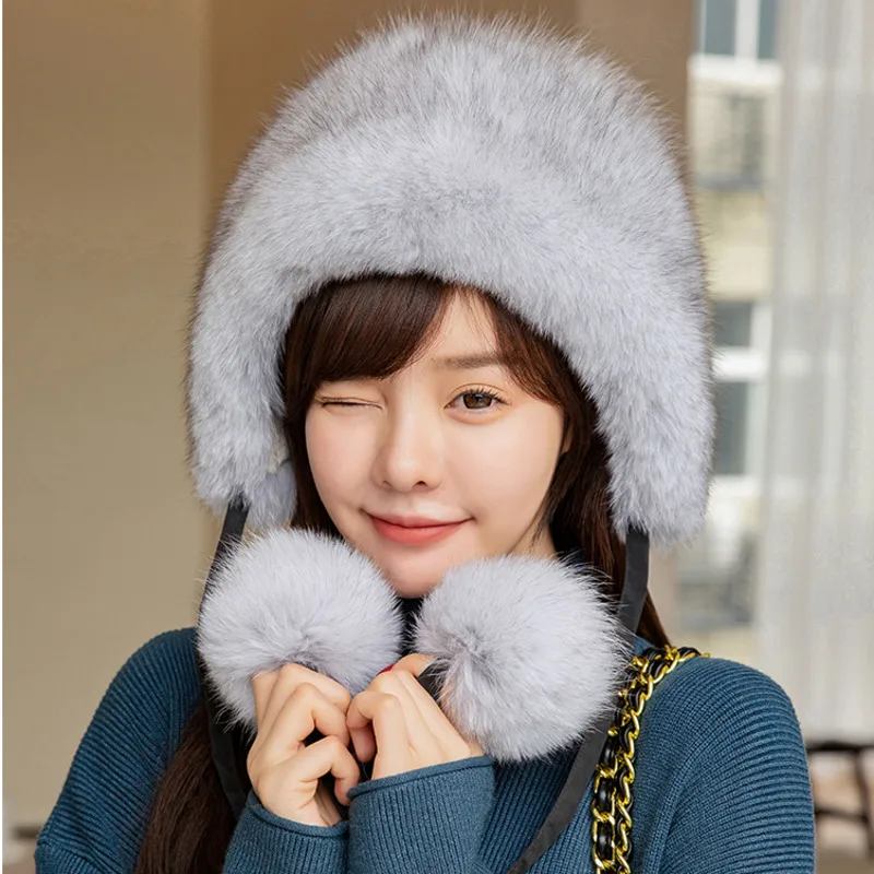 

Real Fox Fur Hat Winter Thick Warm Ears Bomber Hats Sweet Ear Protection Snow Cap With Pompom Fur Ball Outdoor Skiing Hats