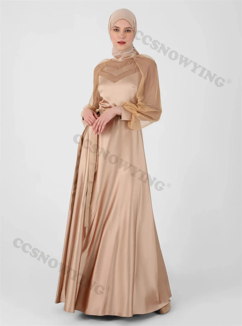 

Simple Long Sleeve Muslim Evening Dresses Islamic Satin Hijab Formal Party Gowns Women Arabic Kaftan Robes De Soirée