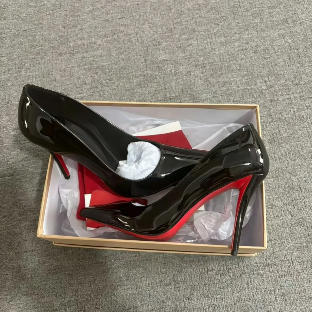 

Pointed Toe Red Sole Single Shoes Women Black Colors Leather Pumps Female Stilettos Genuine Leather Sole High Heels Classics New