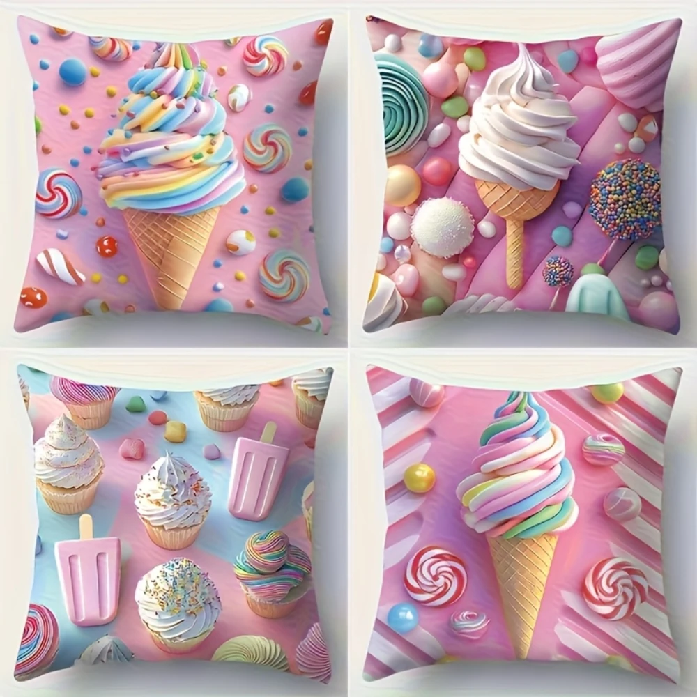 4PCS Ice Cream Candy Print Pillow Covers Pink Sweet Dessert Donut Lollipop Decorative Throw Pillow Sofa Couch Bedroom Home Decor