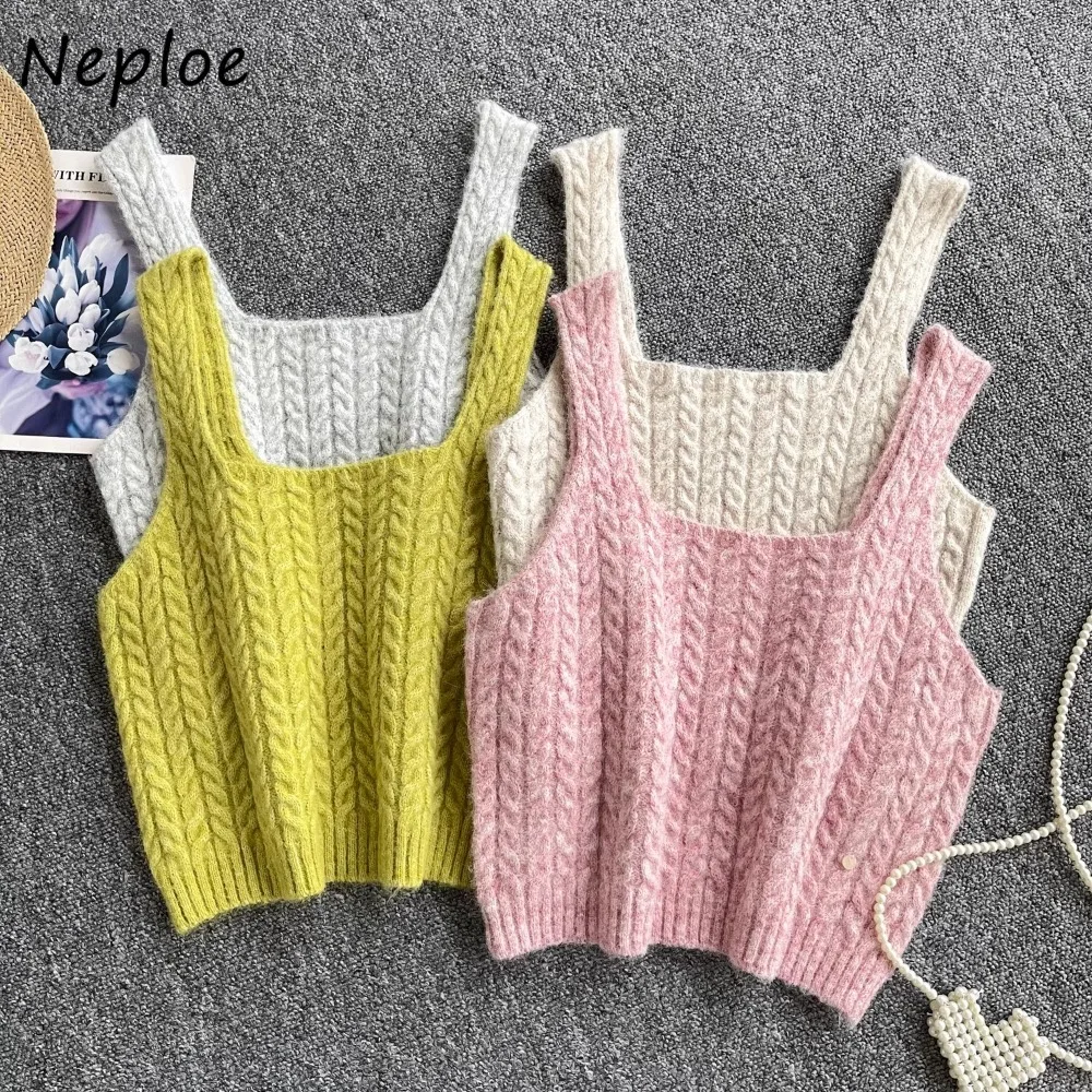 Neploe Korea Knit Sweet Sleeveless Elegant Vests Solid All-match Women Fold Through Sling Fried Slim Fit Western Style Clothing