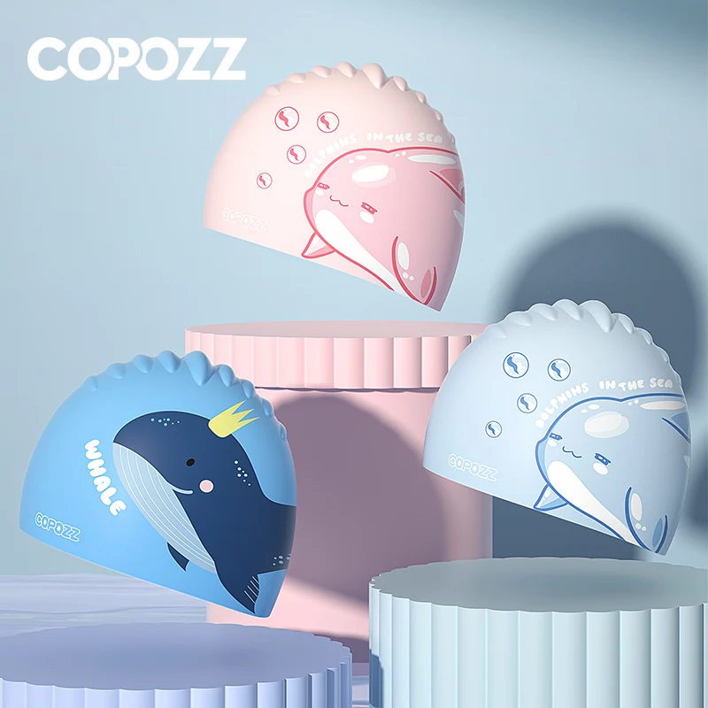 COPOZZ Swimming Cap For Children Kids Waterproof Elastic Silicone Swim Pool Cap Ear Protection Cartoon Swim Hat For Boys Girl