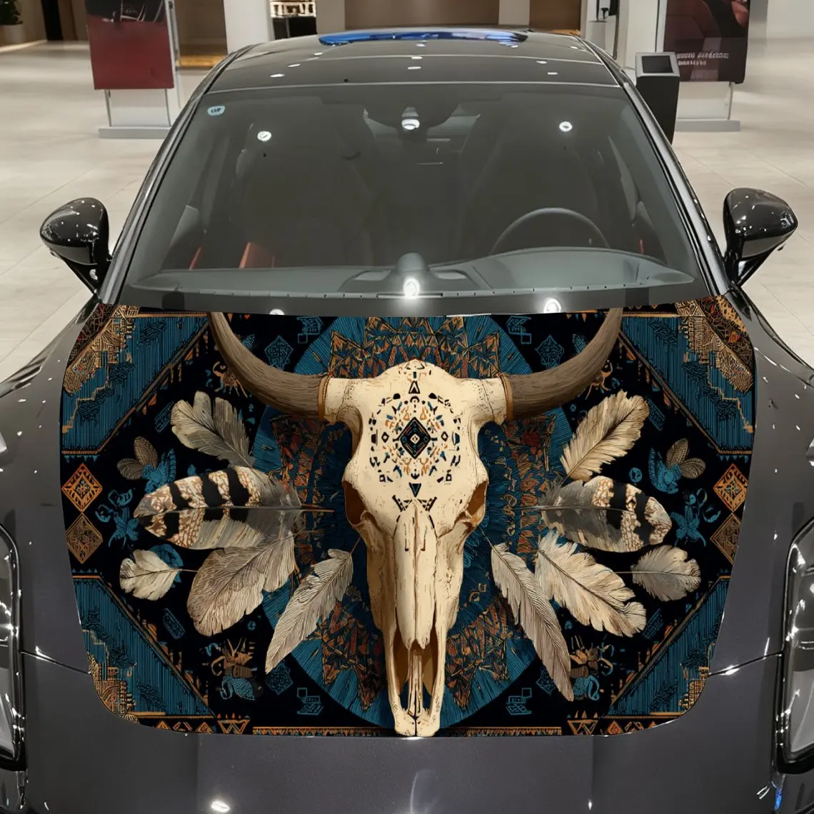 Bohemian Bull Skull Car Cover Sticker, Auto Hood Decal, Car Exterior Scratch Resistant Decal, Trendy Gift for Car Lovers, Eye-ca