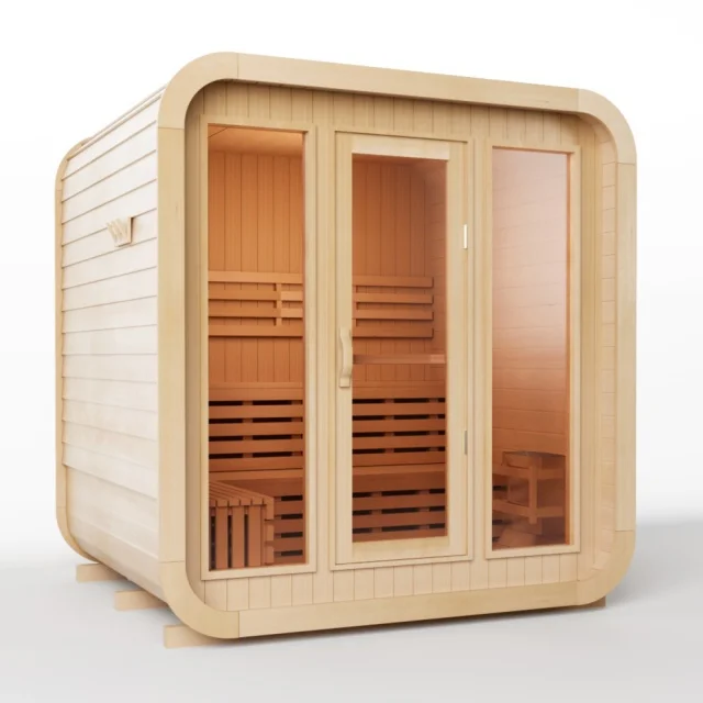 Factort Produce Outdoor Cube Large Size Cstom Logo Traditional Steam Outdoor Sauna Room with Double Seating Chair