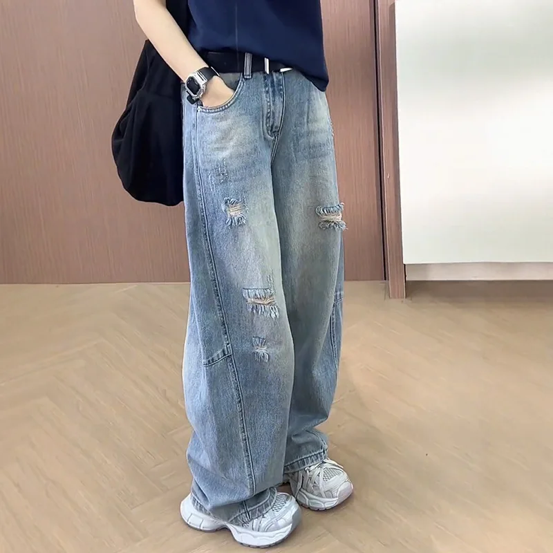 

Spring and Autumn 2025 Thin Wide-leg Machete Jeans Women's Loose Straight Pants with Holes