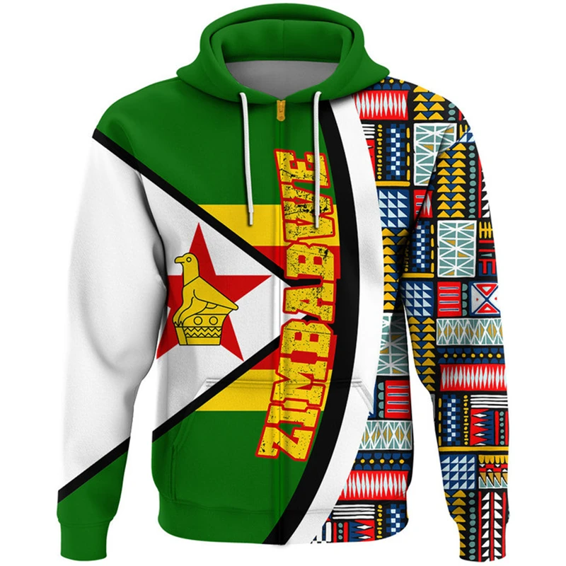 Zimbabwe Flag Map Pattern Hooded Sweatshirts National Emblem Zip Hoodie For Men Africa Hoody Casual Male Pullovers Jersey Tops