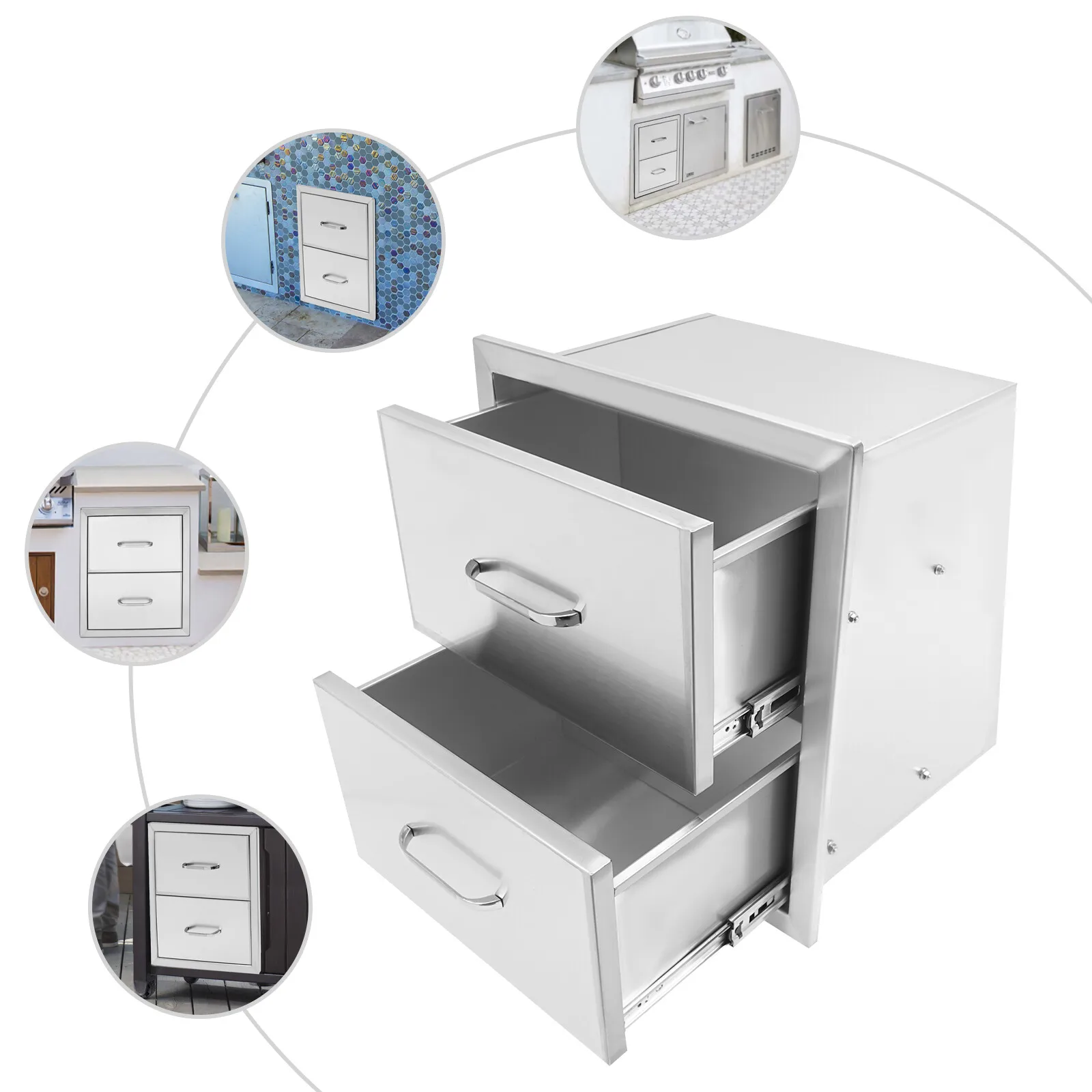 Outdoor Kitchen Pull Out Trash Bin, Double Access Storage, Stainless Steel, Large Capacity for Kitchenware