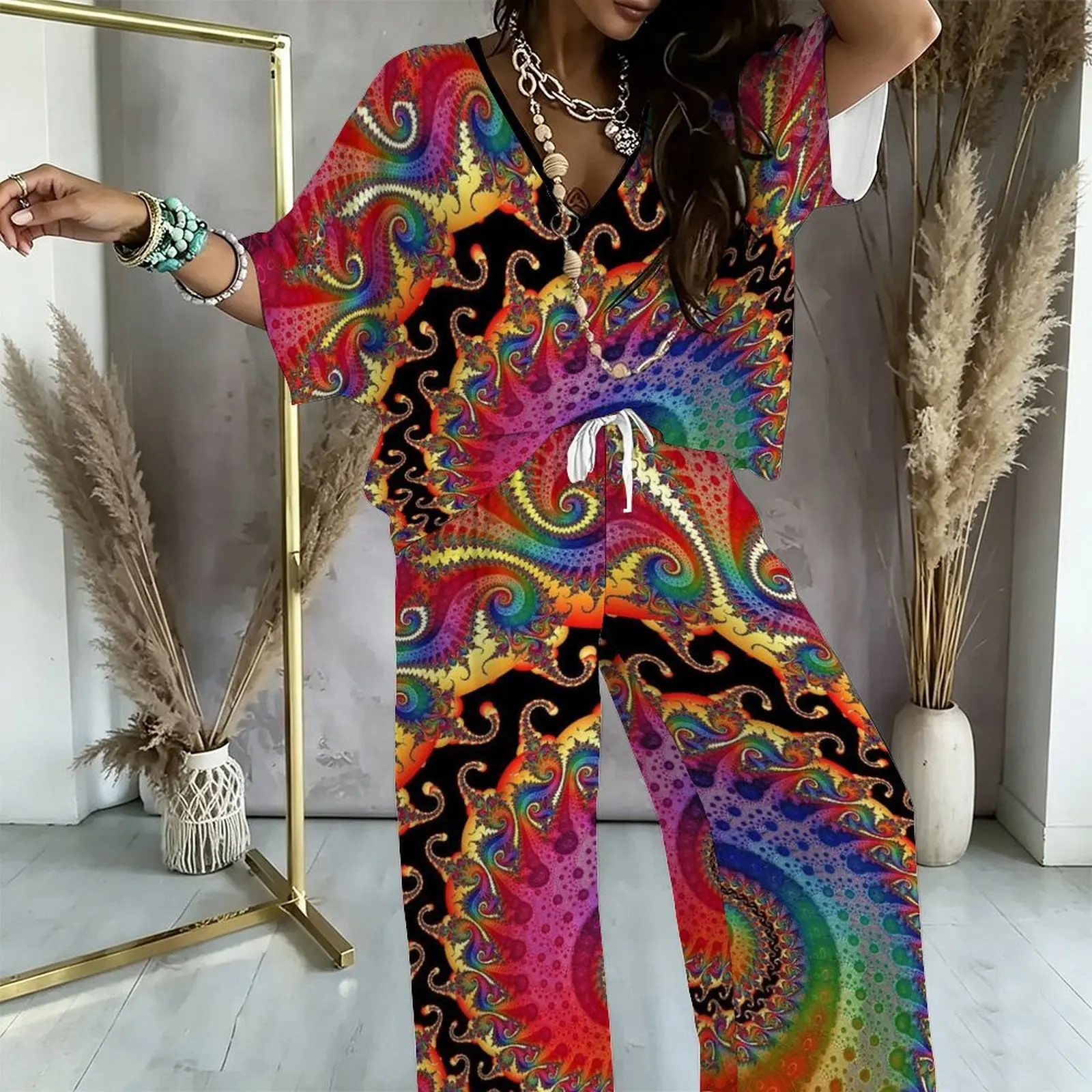 Fashion Jogger Pants Casual Sportswear Autumn Women's Sexy T-Shirt V-Neck Mid-Sleeve Top Print two-piece suit Loose Trousers