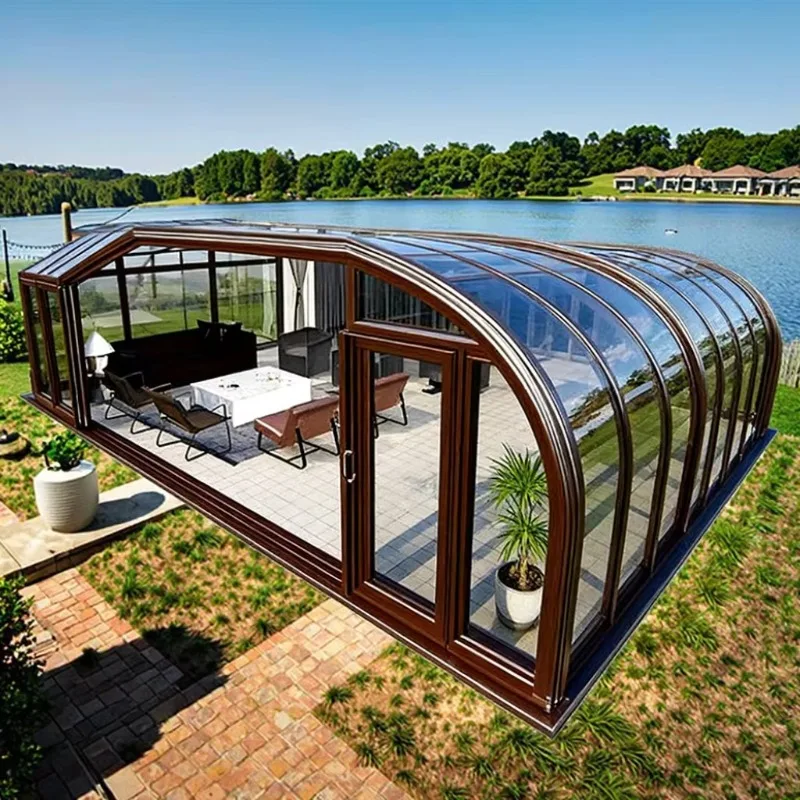 Movable Glass House Sliding Retractable Aluminum Sunroom Prefabricated Large Aluminium Glass Sunroom For Swimming Pool