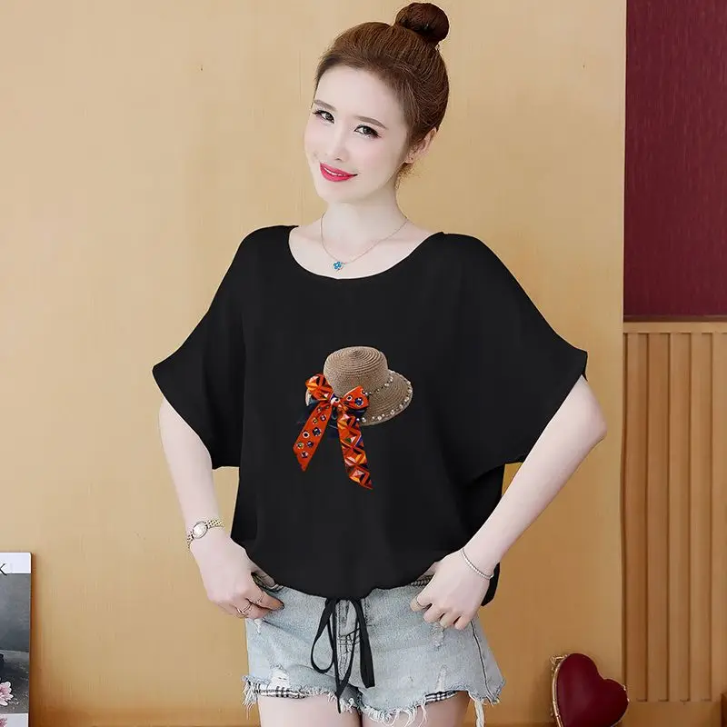 

Модные бандажные блузки с круглым вырезом и принтом, женская одежда, новинка лета 2021, свободные корейские топы, повседневные рубашки с рукавами «летучая мышь»