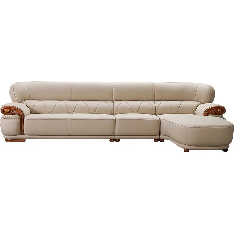 

Простой угловой диван из воловьей кожи первого слоя из черного дерева, комбинированный высококачественный светильник для маленькой квартиры, роскошь из цельного дерева