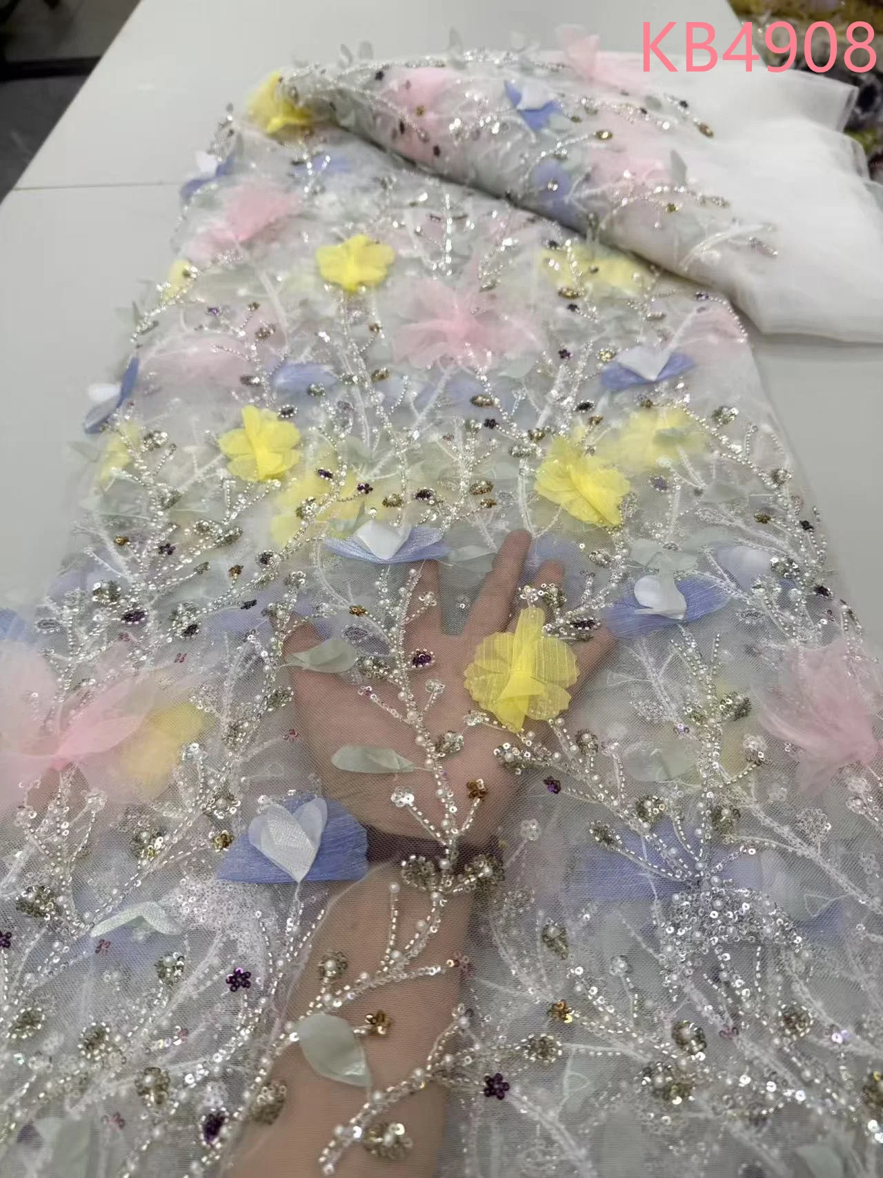 5 야드 아프리카 3D 꽃 페르시 자수 레이스 2025 스팽글 페르시 자수 스팽글 Tulle 레이스 원단 바느질 KB4908
