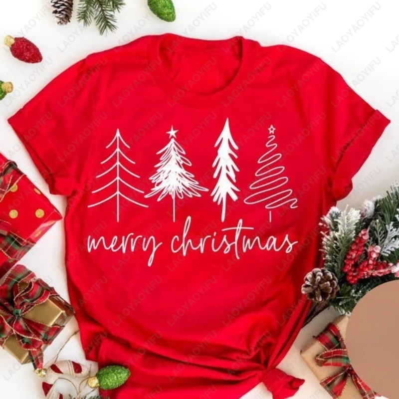 Merry Christmas Womens Men Cotton Tshirt Simple Casual Cotton Regular Short Sleeve Creative New Year Xmas Tree Graphic Print Tee