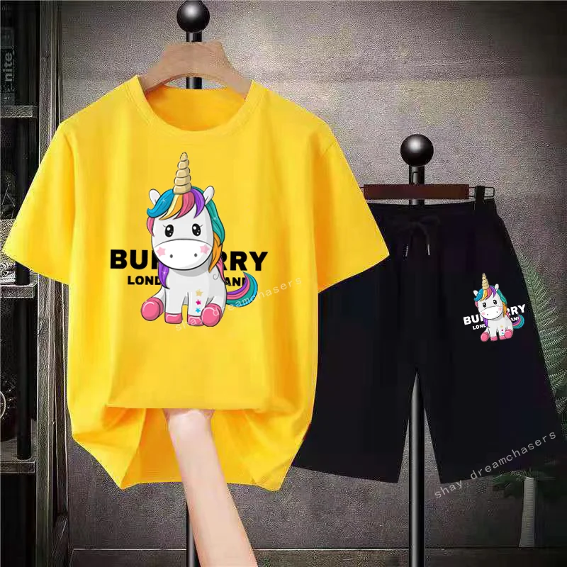 Unicorn Graphic Boy Girl TShirt Set High Quality Luxury Brand Cotton Print Men Women Summer Suits Tracksuit Teenager Shorts Set