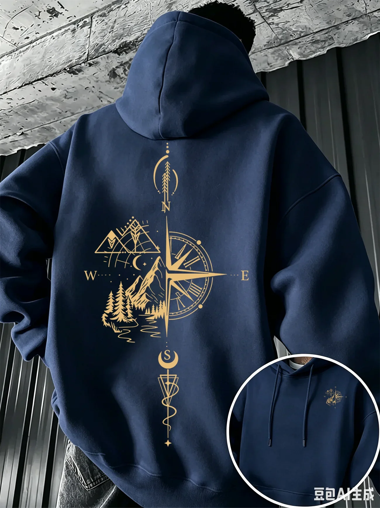 Men's Loose-Fit Hooded Sweatshirt Compass Mountain and Forest Graphic Warm Outdoor & Streetwear for Autumn/Winter