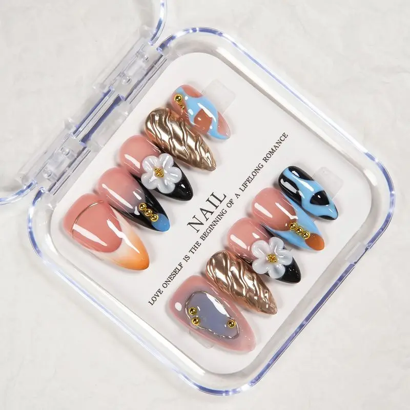 Handmade Almond Press On Nails 3D Flower Gold Beads Black French Nude Pink Blue Geometric Gold Chrome Reusable False Nails