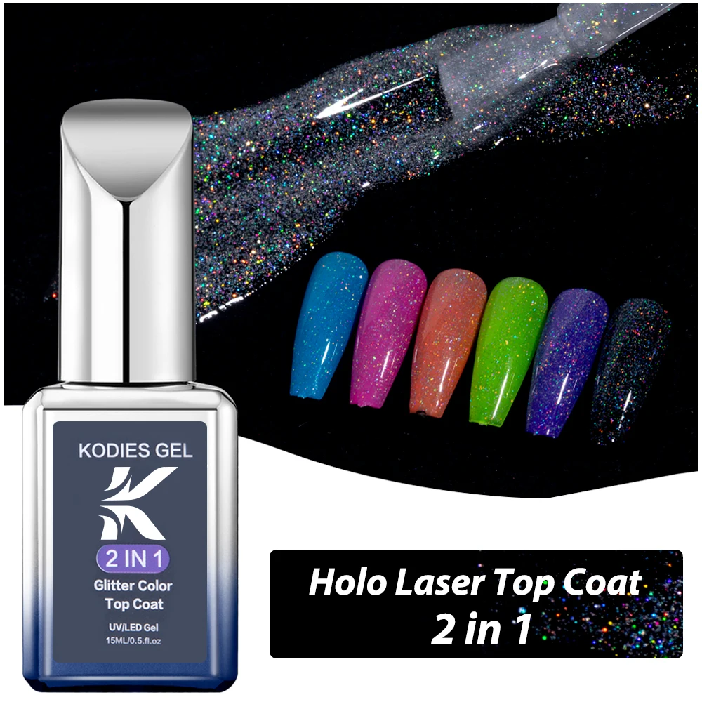 Kodies เจลเคลือบเงาด้วยเลเซอร์, ยาทาเล็บแบบไม่เช็ดเจลประกายแวววาว15มล. ประกายแวววาวเคลือบเล็บสีรุ้งกึ่งถาวร