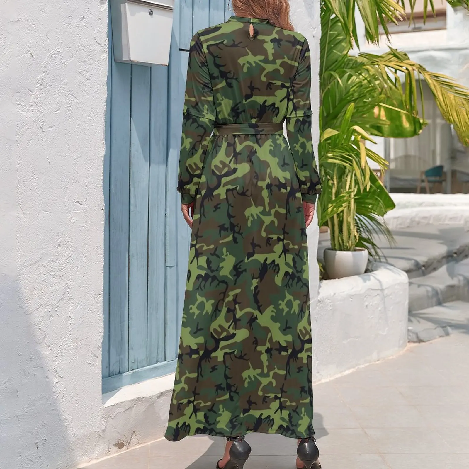 Military Camo Dress High Waist Green Camouflage Graphic Bohemia Dresses Long-Sleeve Stylish Long Maxi Dress Elegant Vestido