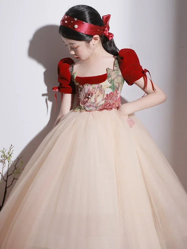 

High-End Flower Girls Evening Gown Lace Button Design Spanish Vintage Children Birthday Party Dresses For Girls Easter Eid