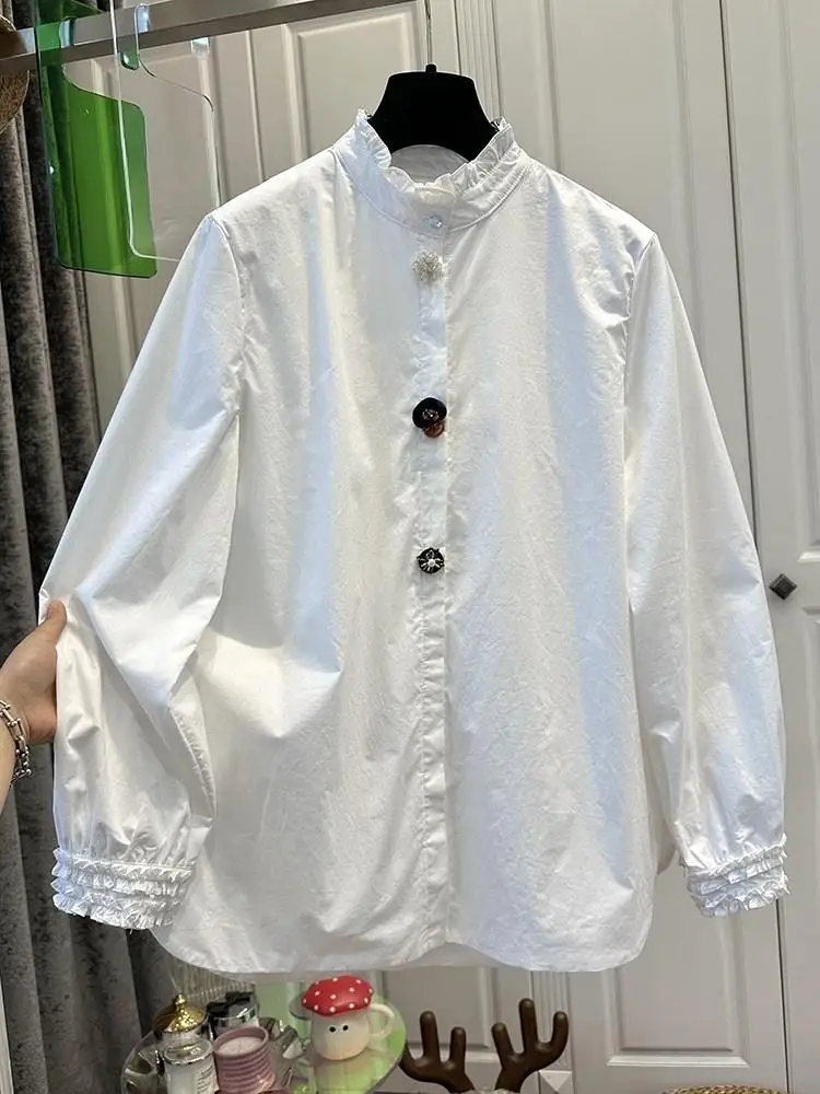 

Ruffles Lantern Sleeve Shirts&blouses Women Tops Solid Korean Fashion Retro Blusas Mujer Spring Autumn Elegant Camisas