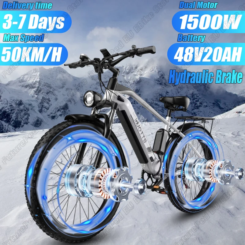 F26 Electric Bicycle 1500W Powerful Dual Motor 48V20AH Battery Hydraulic Brake City E-bike 26*4-In Fat Tire Aldult Electric Bike